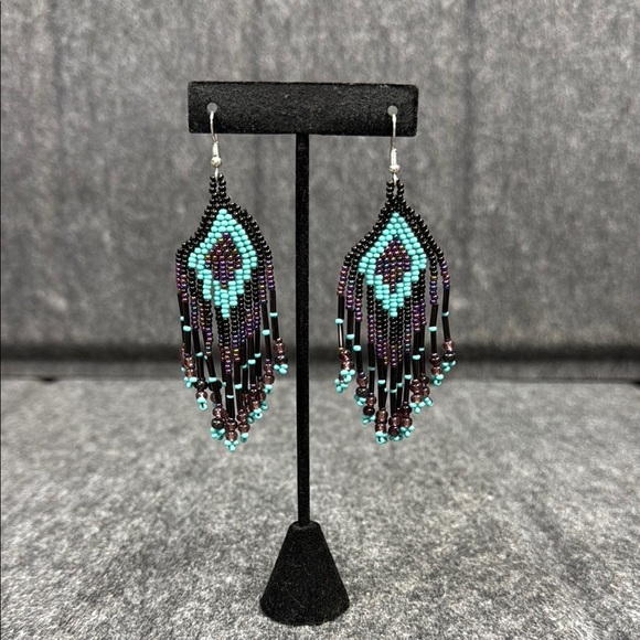 Black and Blue Chandelier Earrings with Intricate Beadwork - Picture 1 of 3